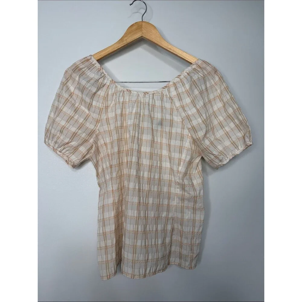 J. Crew V-back puff-sleeve top in textured plaid Size 2